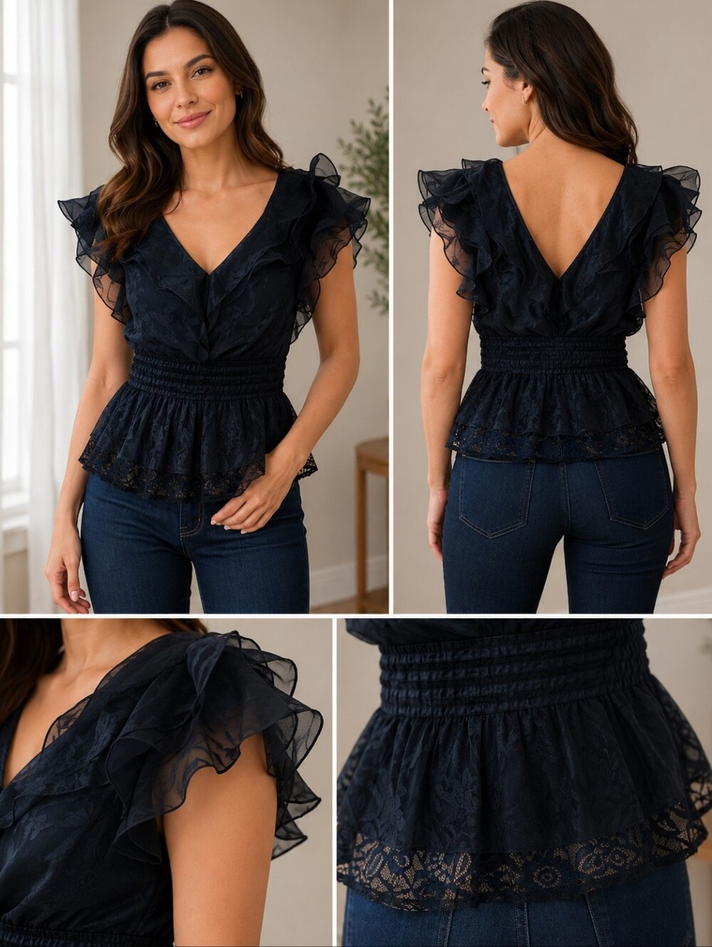 Express Black Peplum Ruffle Blouse Women Petite SP Elegant Top EUC